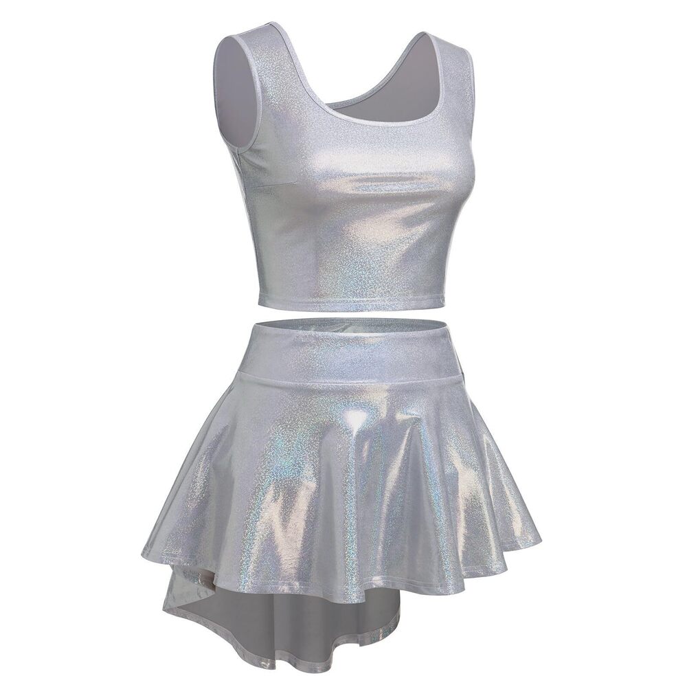 4396 Shiny Metallic Tank Top High Low Mini Skirt with Brief Sexy 80s